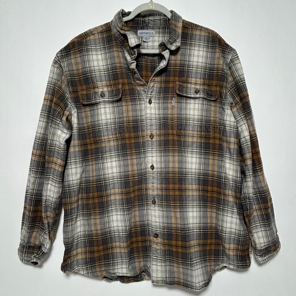 Carhartt Mens 2XL Original Fit Flannel Plaid Long Sleeve Button Up Shirt Brown